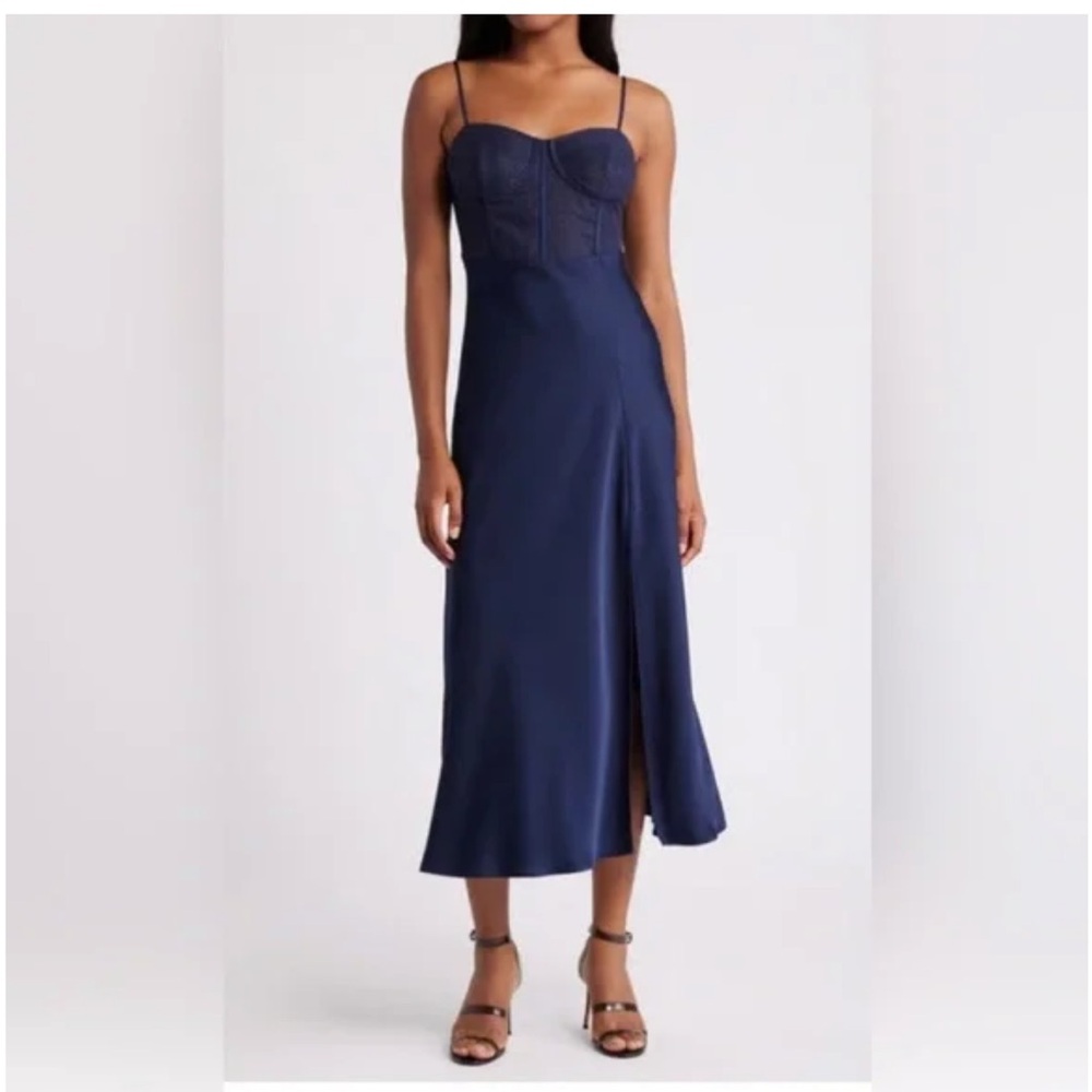 navy blue spaghetti-strap midi dress bustier detail. preowned, worn and washed